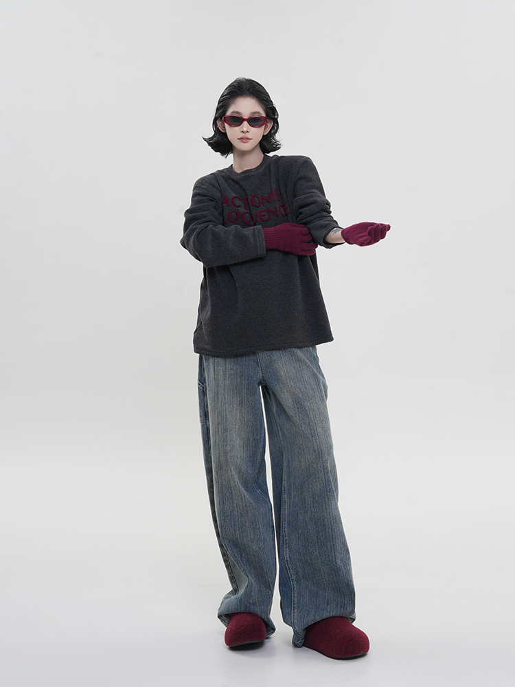 Women's Printed Fleece Round Neck Long Sleeve T-Shirt - Winter Korean Style Versatile Loose Warm Base Layer Top