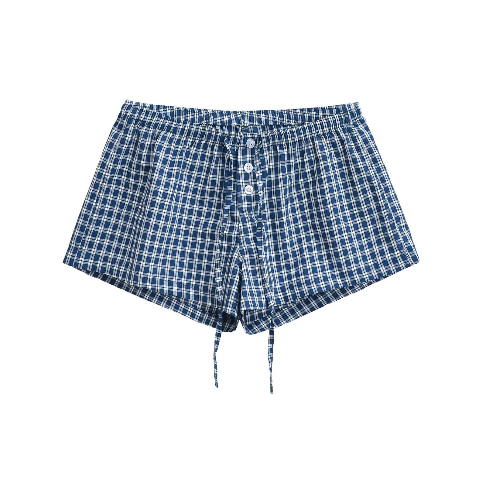 Women's Red Plaid Wide-Leg Shorts - Elastic Waist, Button Detail, Casual Cotton Bottoms for Home and Beach, 90s American Style Women's Red Plaid Wide-Leg Shorts - Elastic Waist, Button Detail, Casual Cotton Bottoms for Home and Beach, 90s American Style