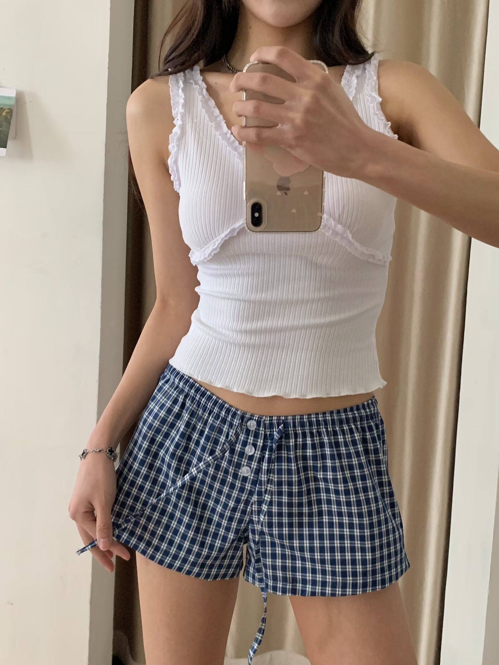 Women's Red Plaid Wide-Leg Shorts - Elastic Waist, Button Detail, Casual Cotton Bottoms for Home and Beach, 90s American Style Women's Red Plaid Wide-Leg Shorts - Elastic Waist, Button Detail, Casual Cotton Bottoms for Home and Beach, 90s American Style