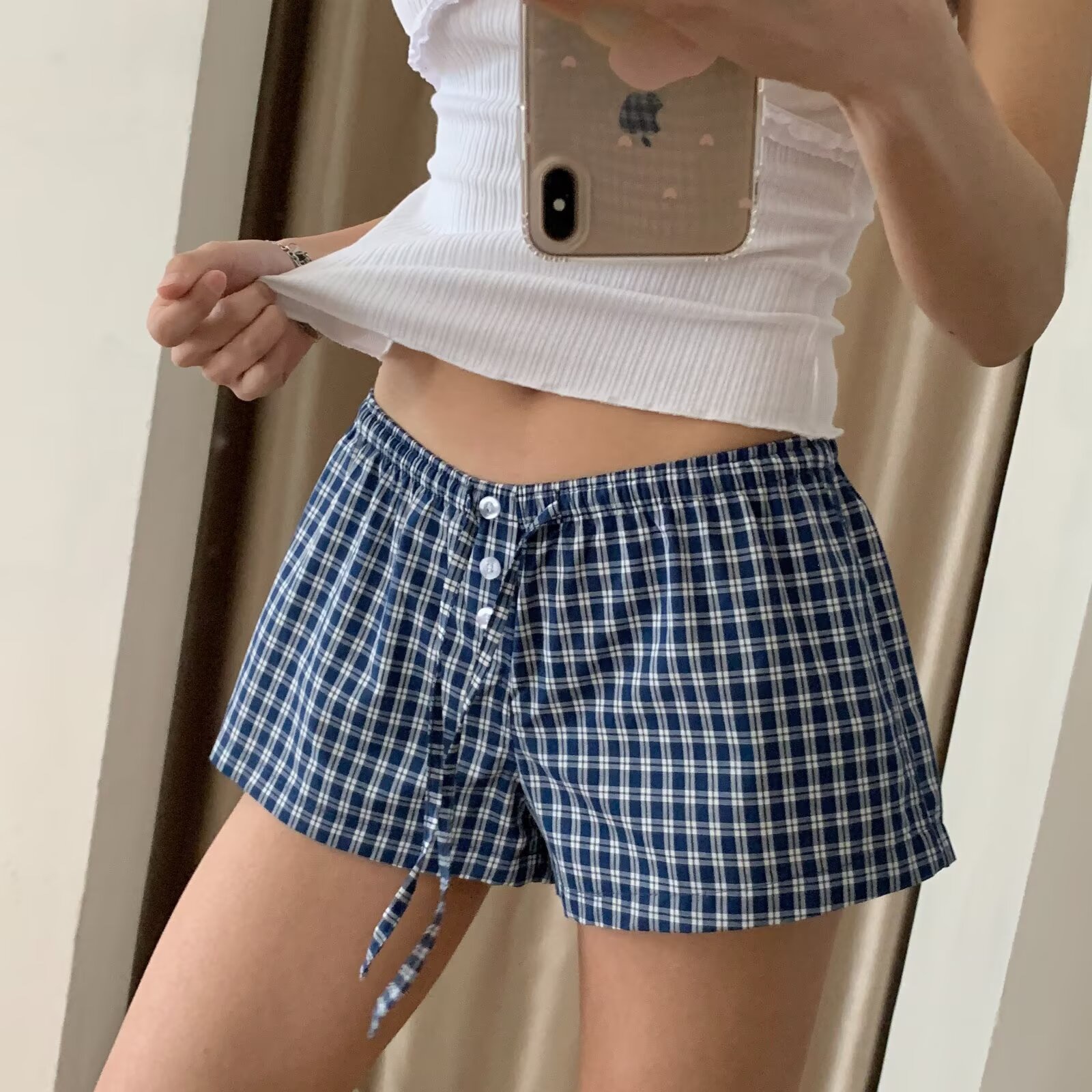 Women's Red Plaid Wide-Leg Shorts - Elastic Waist, Button Detail, Casual Cotton Bottoms for Home and Beach, 90s American Style Women's Red Plaid Wide-Leg Shorts - Elastic Waist, Button Detail, Casual Cotton Bottoms for Home and Beach, 90s American Style