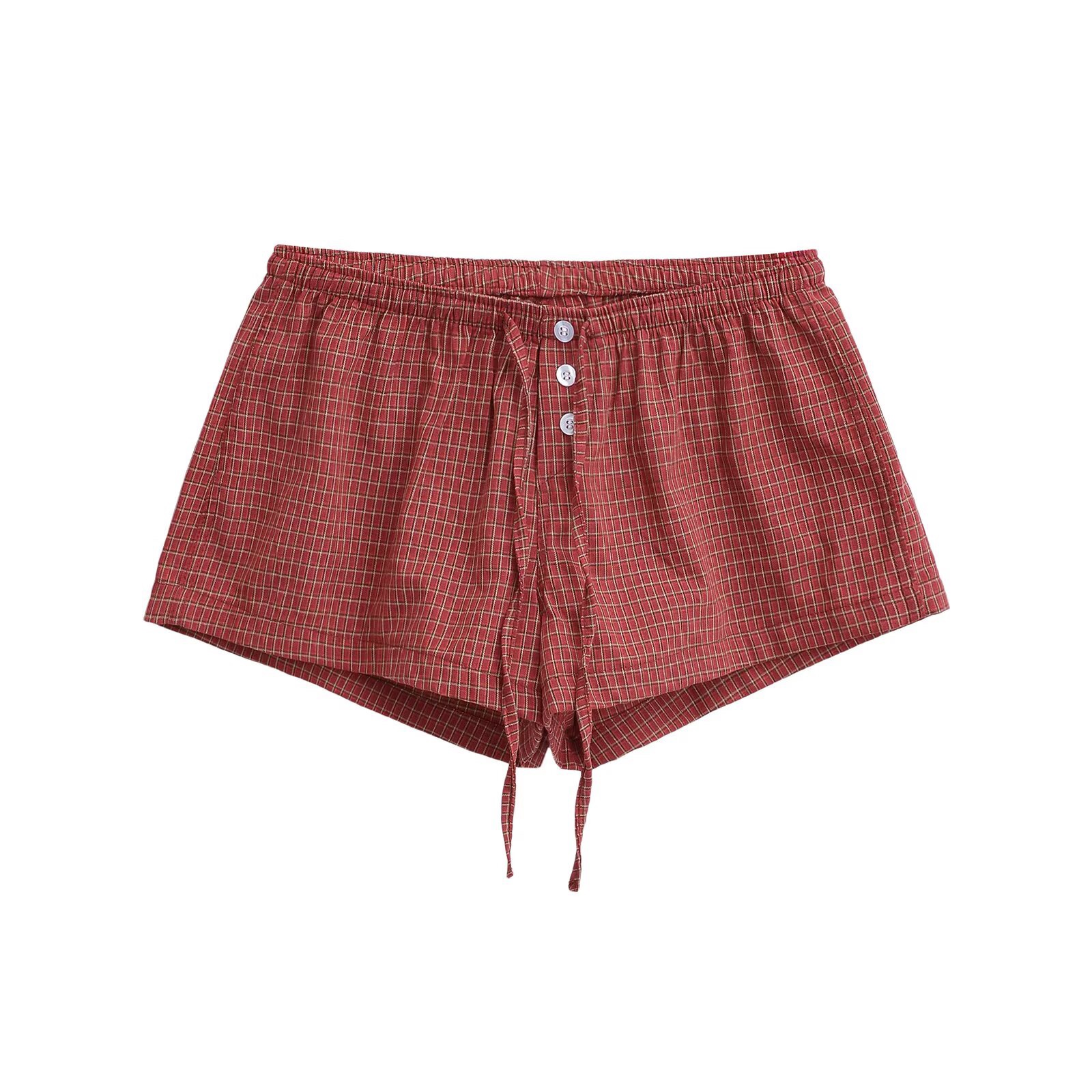 Women's Red Plaid Wide-Leg Shorts - Elastic Waist, Button Detail, Casual Cotton Bottoms for Home and Beach, 90s American Style Women's Red Plaid Wide-Leg Shorts - Elastic Waist, Button Detail, Casual Cotton Bottoms for Home and Beach, 90s American Style