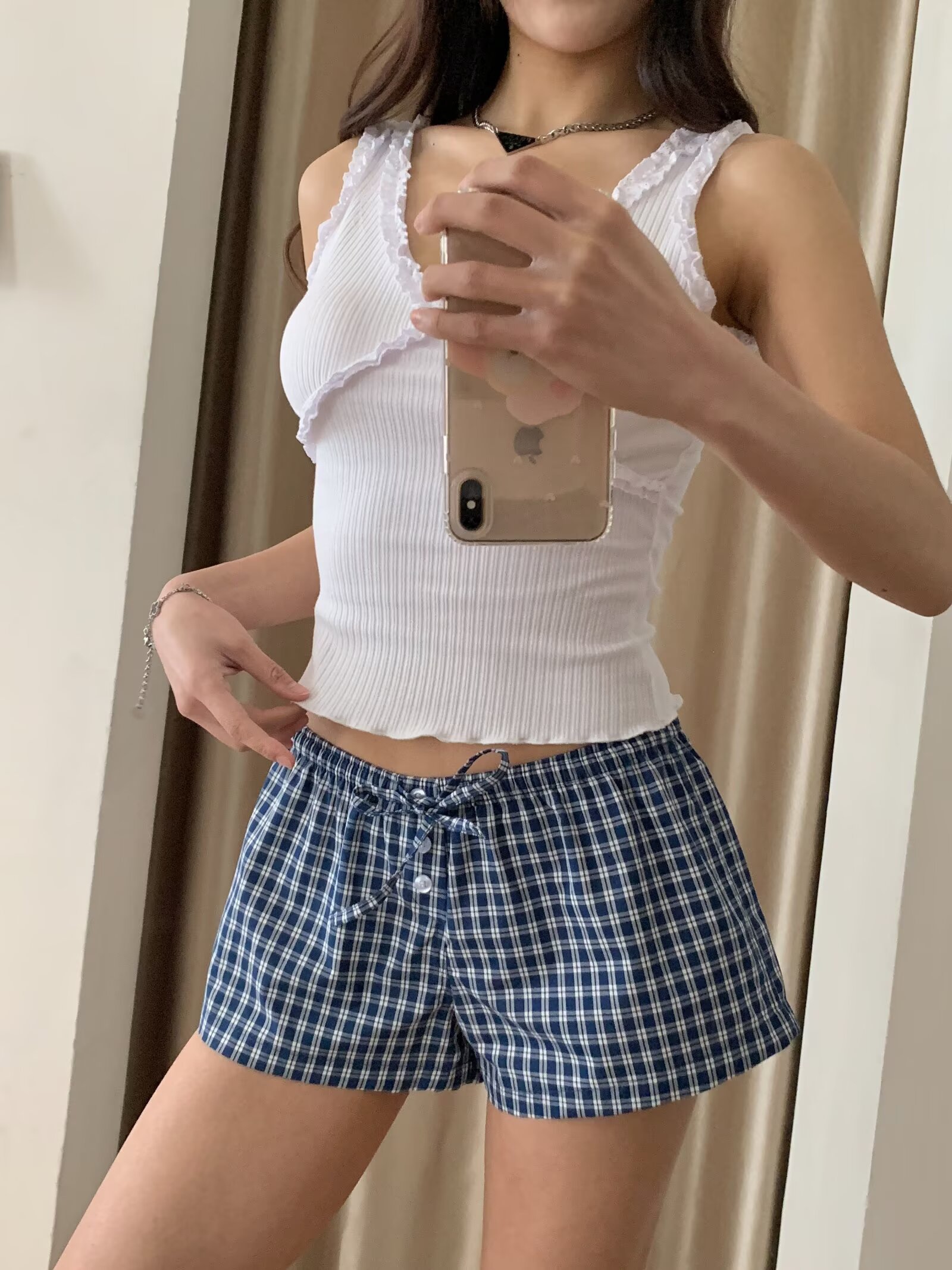 Women's Red Plaid Wide-Leg Shorts - Elastic Waist, Button Detail, Casual Cotton Bottoms for Home and Beach, 90s American Style