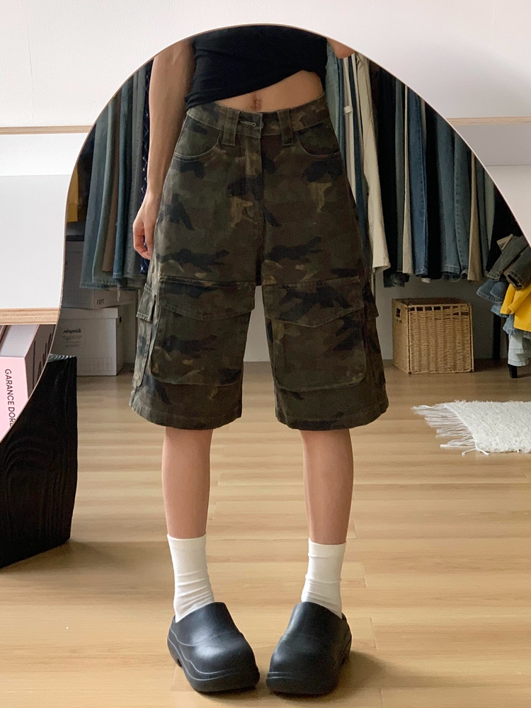 Women's Retro Camouflage Work Shorts - American Style Loose Denim Capris for Summer High Street Fashion