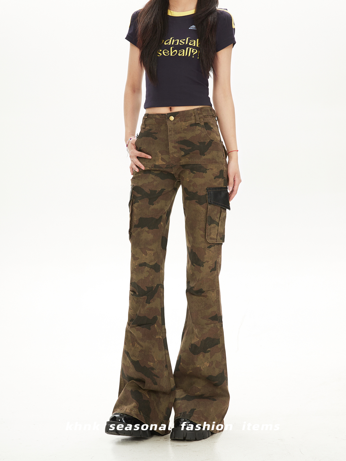 Women's Retro High Street Camouflage Cargo Pants - Slim Fit, Slightly Flared, Trendy Spring Autumn Style Women's Retro High Street Camouflage Cargo Pants - Slim Fit, Slightly Flared, Trendy Spring Autumn Style