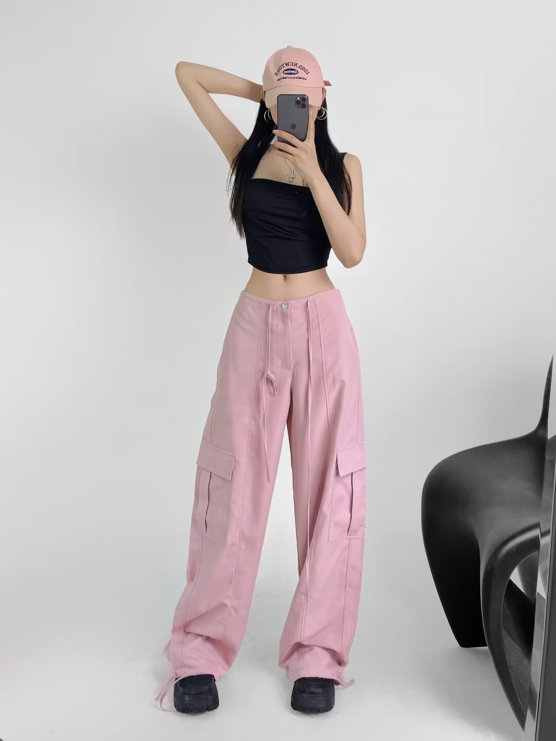 Women's Retro Jazz Hip-Hop Pink Wide-Leg Work Pants - Casual Loose Straight Summer Trousers