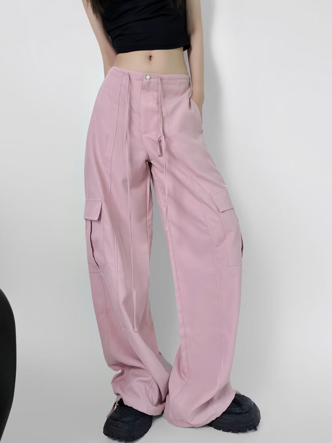 Women's Retro Jazz Hip-Hop Pink Wide-Leg Work Pants - Casual Loose Straight Summer Trousers