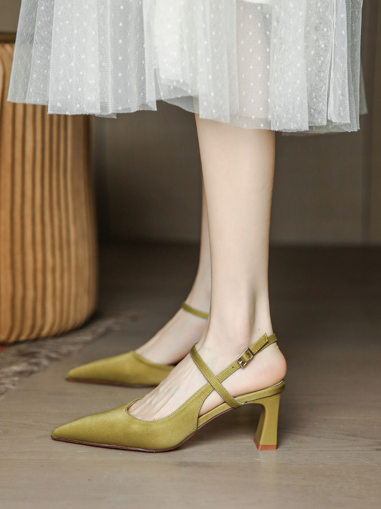 Women's Retro Minimalist Mustard Green Chunky Heel Sandals - Backless Peep-Toe Summer Fashion 2025