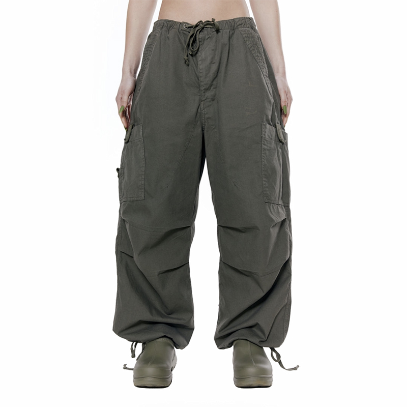 Womenâ€™s Retro Style Casual Cargo Pants with Drawstring Waist - Loose Fit Solid Color Pocket Trousers for Versatile Everyday Wear