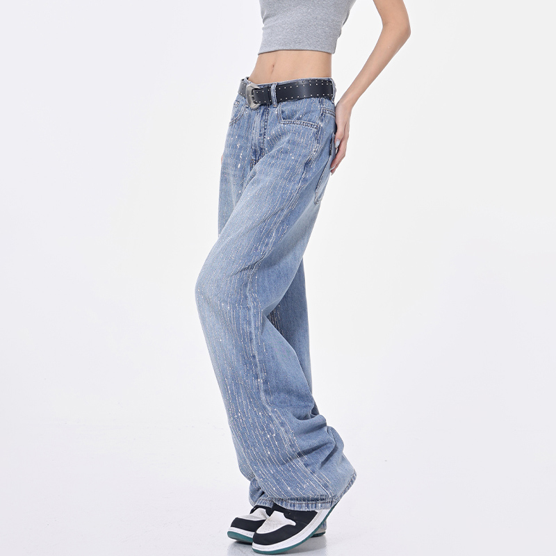 Women's Rhinestone Design Sparkling Diamond Bling Jeans - Summer Slim Wide-Leg Straight Pants, Y2K Fashion