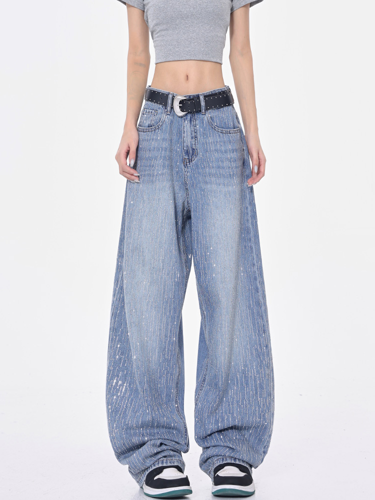 Women's Rhinestone Design Sparkling Diamond Bling Jeans - Summer Slim Wide-Leg Straight Pants, Y2K Fashion