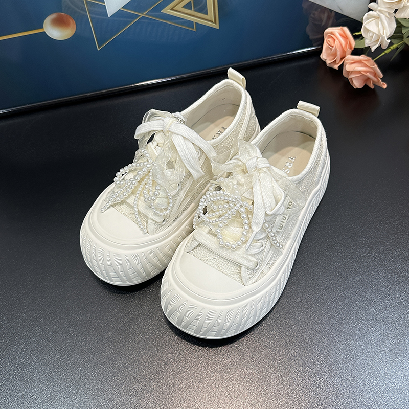 Women's Round-Toe Thick-Soled White Casual Shoes, 2025 Summer Style, Breathable Mesh Lace-Up Design with Pearl Accent