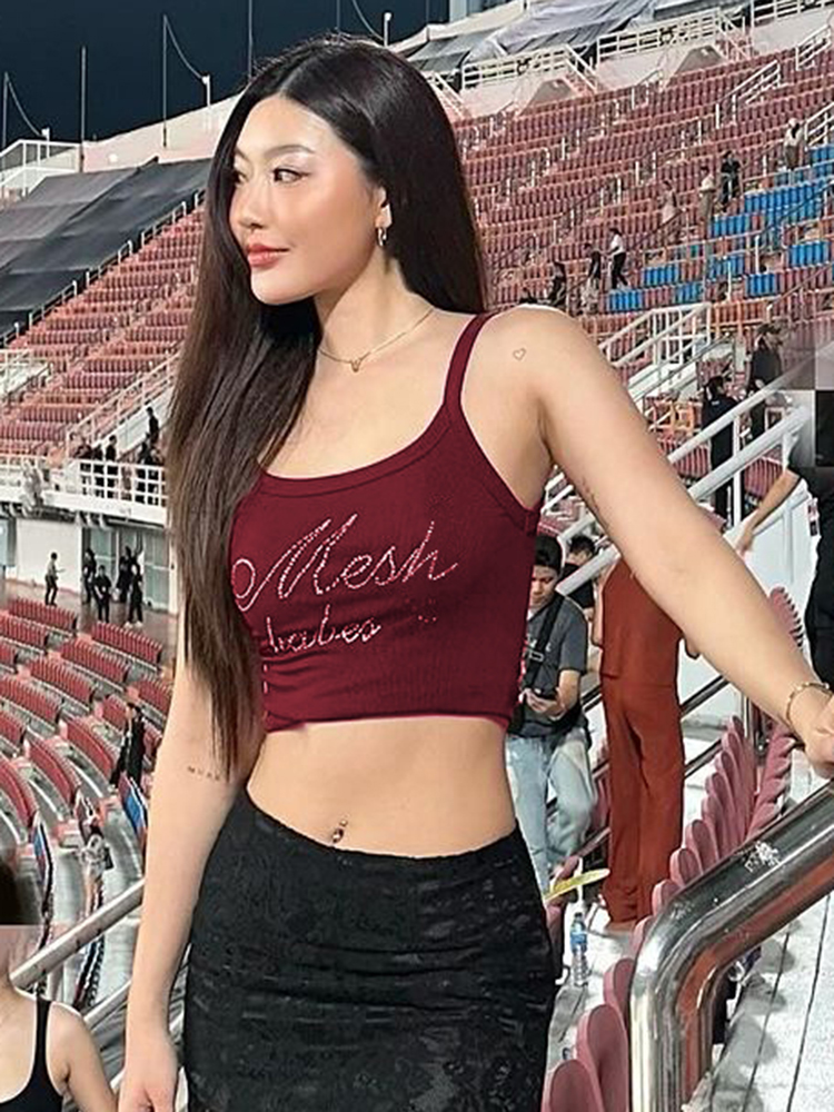 Women's Sequin Letter Printed Camisole - Versatile Casual Stretchy Fitted Top in European and American Style Women's Sequin Letter Printed Camisole - Versatile Casual Stretchy Fitted Top in European and American Style