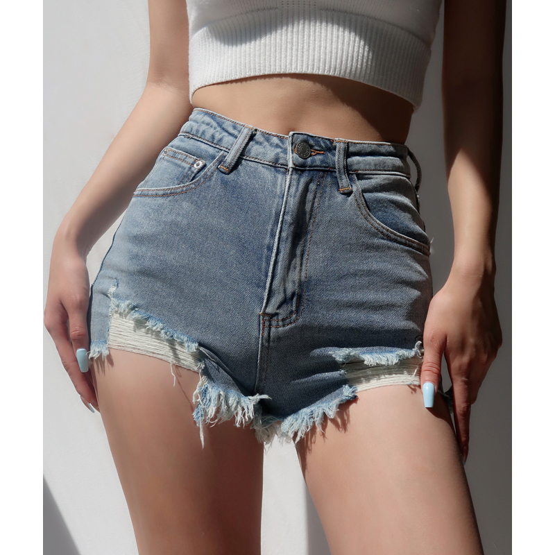 Women's Sexy Frayed Distressed Denim Shorts - Summer Slimming Tight-Fitting Hot Pants for a Chic American Style Look Women's Sexy Frayed Distressed Denim Shorts - Summer Slimming Tight-Fitting Hot Pants for a Chic American Style Look