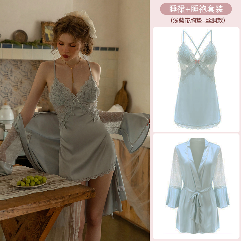 Women's Sexy Lace Camisole Sleepwear Set in High-Quality Ice Silk, Padded Chest, Ideal for Spring and Autumn Nights Women's Sexy Lace Camisole Sleepwear Set in High-Quality Ice Silk, Padded Chest, Ideal for Spring and Autumn Nights
