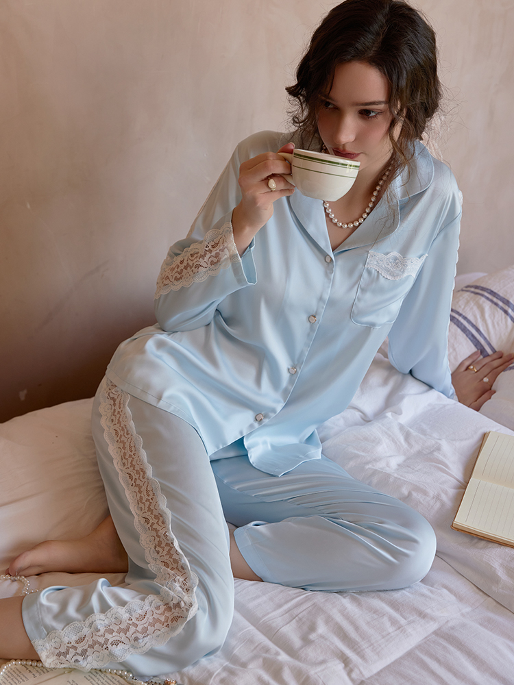 Women's Silk Pajama Set with Blue Lace, Long Sleeve Autumn & Winter Homewear, Versatile for Spring, Stylish for 2024