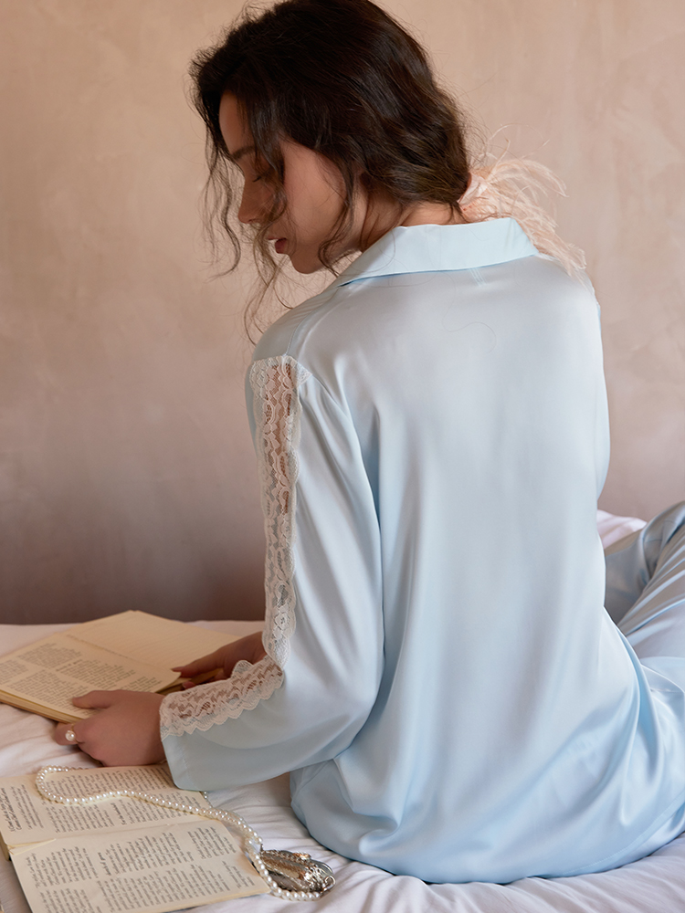 Women's Silk Pajama Set with Blue Lace, Long Sleeve Autumn & Winter Homewear, Versatile for Spring, Stylish for 2024 Women's Silk Pajama Set with Blue Lace, Long Sleeve Autumn & Winter Homewear, Versatile for Spring, Stylish for 2024