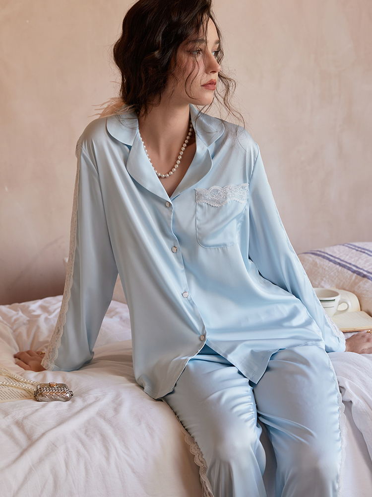Women's Silk Pajama Set with Blue Lace, Long Sleeve Autumn & Winter Homewear, Versatile for Spring, Stylish for 2024 Women's Silk Pajama Set with Blue Lace, Long Sleeve Autumn & Winter Homewear, Versatile for Spring, Stylish for 2024