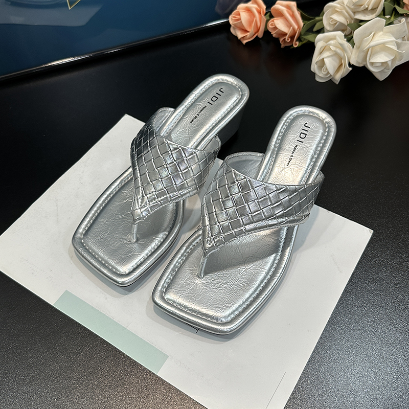 Women's Silver French Square-Toe Wedge Flip-Flops - Thick Sole Beach Sandals for Summer 2025 Outdoor Wear