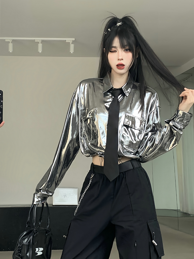 Women's Silver Long Sleeve Kpop Jazz Dance Shirt - Waist-Cinching Top for Street Performance - 2025 Trendy Style