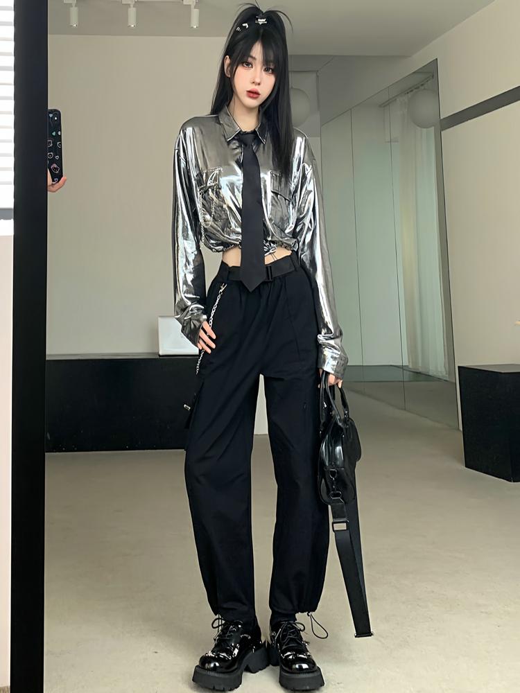 Women's Silver Long Sleeve Kpop Jazz Dance Shirt - Waist-Cinching Top for Street Performance - 2025 Trendy Style Women's Silver Long Sleeve Kpop Jazz Dance Shirt - Waist-Cinching Top for Street Performance - 2025 Trendy Style