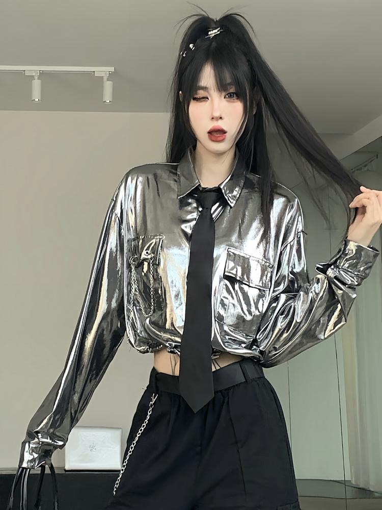 Women's Silver Long Sleeve Kpop Jazz Dance Shirt - Waist-Cinching Top for Street Performance - 2025 Trendy Style Women's Silver Long Sleeve Kpop Jazz Dance Shirt - Waist-Cinching Top for Street Performance - 2025 Trendy Style
