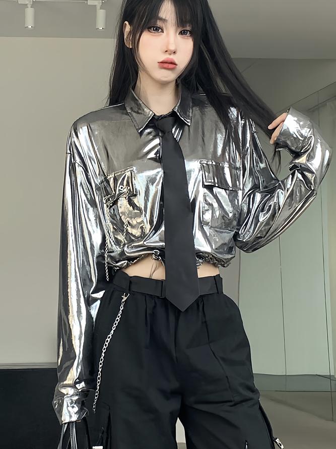 Women's Silver Long Sleeve Kpop Jazz Dance Shirt - Waist-Cinching Top for Street Performance - 2025 Trendy Style