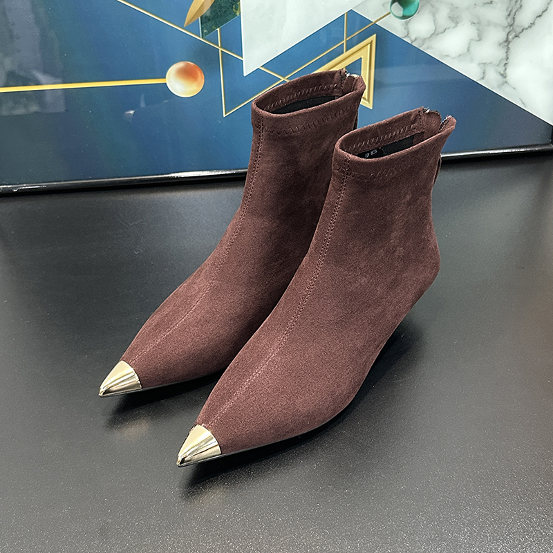 Women's Slim Ankle Boots with Low Heels, Metallic Pointed Toes, Elastic Sock Design, Plush Cotton, Fall/Winter 2025 Fashion