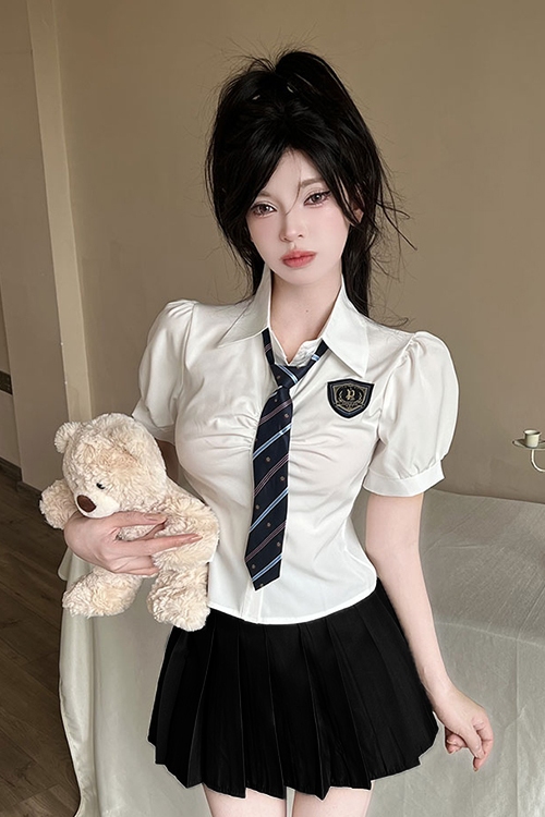 Women's Summer Blue Tie Short-Sleeve Shirt & Pleated Skirt Set - Hotel Technician Work Uniform for Foot Massage Services Women's Summer Blue Tie Short-Sleeve Shirt & Pleated Skirt Set - Hotel Technician Work Uniform for Foot Massage Services