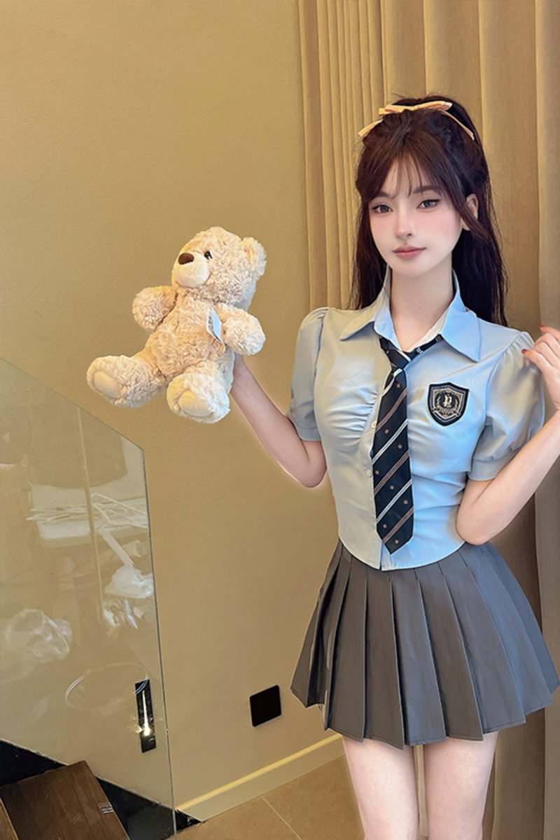 Women's Summer Blue Tie Short-Sleeve Shirt & Pleated Skirt Set - Hotel Technician Work Uniform for Foot Massage Services