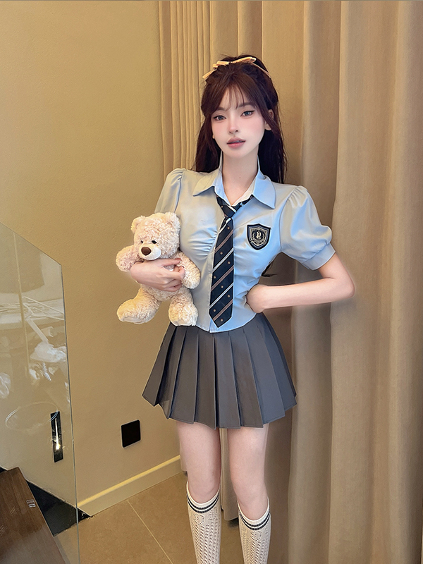 Women's Summer Blue Tie Short-Sleeve Shirt & Pleated Skirt Set - Hotel Technician Work Uniform for Foot Massage Services