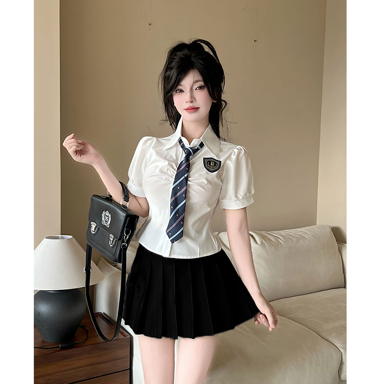 Women's Summer Blue Tie Short-Sleeve Shirt & Pleated Skirt Set - Hotel Technician Work Uniform for Foot Massage Services Women's Summer Blue Tie Short-Sleeve Shirt & Pleated Skirt Set - Hotel Technician Work Uniform for Foot Massage Services
