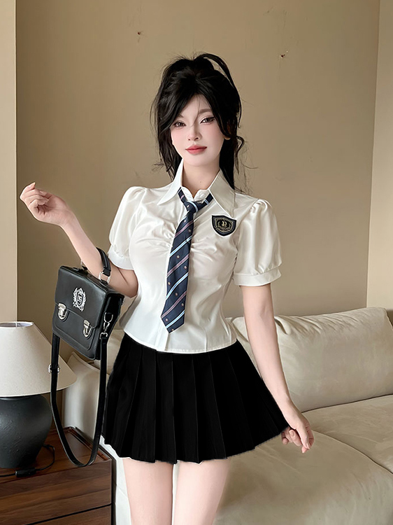 Women's Summer Blue Tie Short-Sleeve Shirt & Pleated Skirt Set - Hotel Technician Work Uniform for Foot Massage Services Women's Summer Blue Tie Short-Sleeve Shirt & Pleated Skirt Set - Hotel Technician Work Uniform for Foot Massage Services