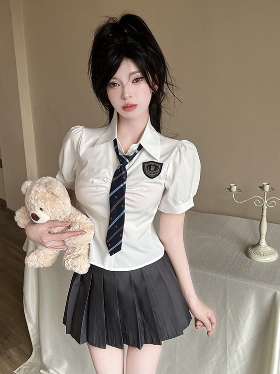 Women's Summer Blue Tie Short-Sleeve Shirt & Pleated Skirt Set - Hotel Technician Work Uniform for Foot Massage Services Women's Summer Blue Tie Short-Sleeve Shirt & Pleated Skirt Set - Hotel Technician Work Uniform for Foot Massage Services