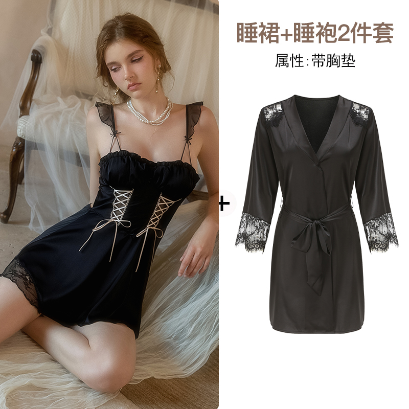 Women's Summer Ice Silk Pajama Set - Thin Sexy Sleepwear with Spaghetti Straps and Chest Pads, Perfect for Spring and Autumn 2025 Women's Summer Ice Silk Pajama Set - Thin Sexy Sleepwear with Spaghetti Straps and Chest Pads, Perfect for Spring and Autumn 2025