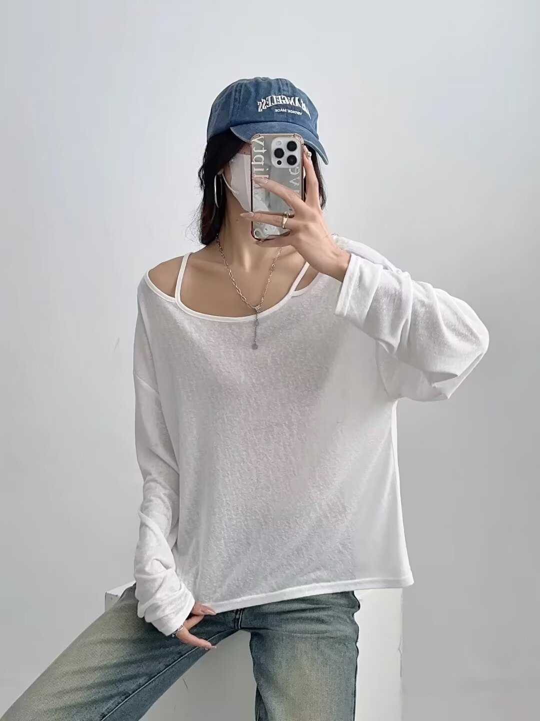 Women's Summer Off-Shoulder Loose Cardigan T-Shirt - Relaxed Fit, Long Sleeve Camisole, Sun Protection, Casual Style