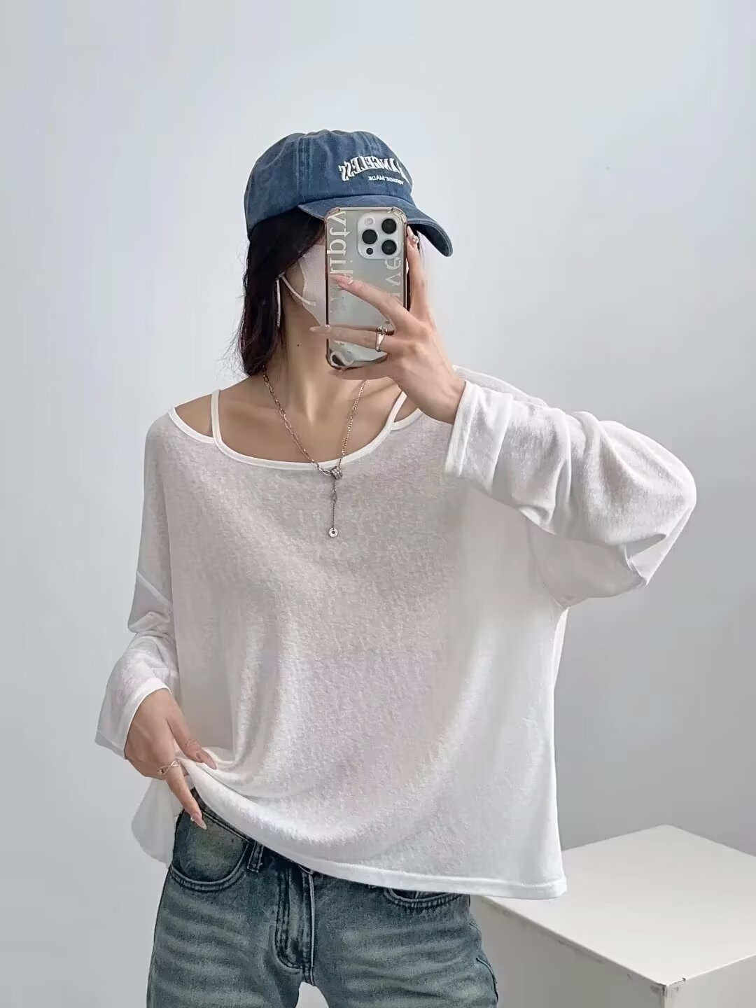 Women's Summer Off-Shoulder Loose Cardigan T-Shirt - Relaxed Fit, Long Sleeve Camisole, Sun Protection, Casual Style
