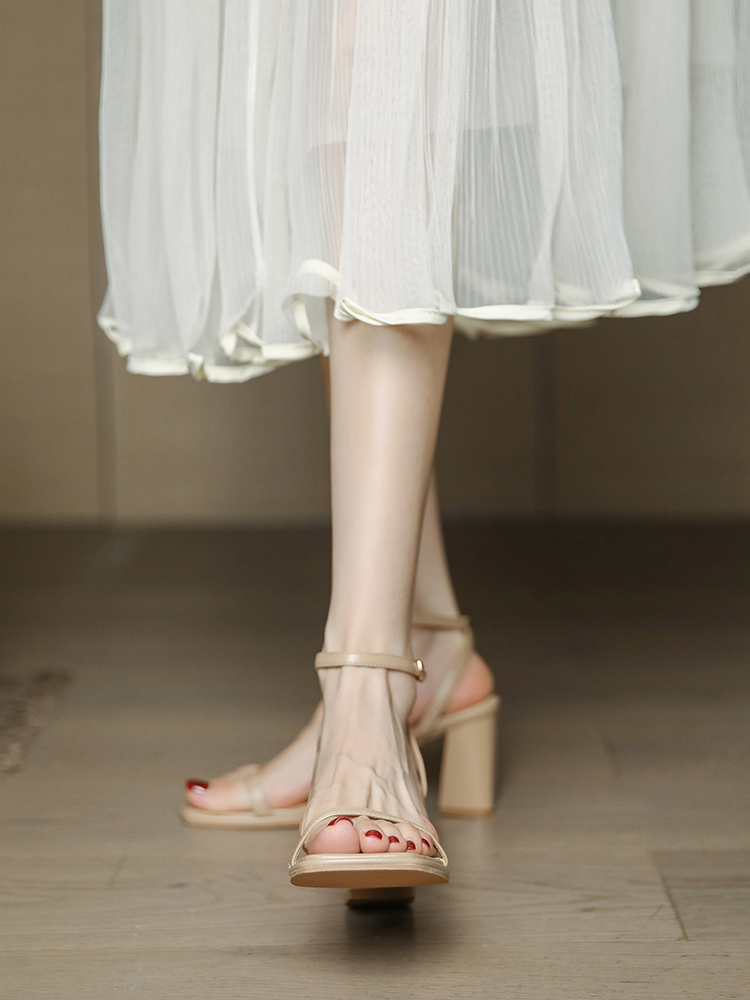 Women's Summer One-Strap Open-Toe High-Heeled Sandals, Chunky Heel, Nude Color, 2025 French Minimalist Style Women's Summer One-Strap Open-Toe High-Heeled Sandals, Chunky Heel, Nude Color, 2025 French Minimalist Style