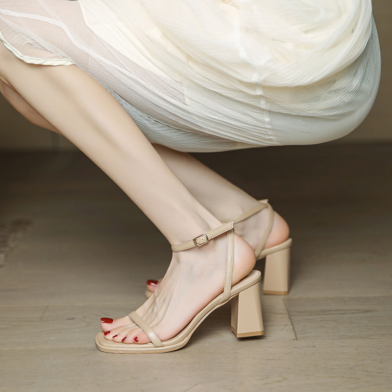 Women's Summer One-Strap Open-Toe High-Heeled Sandals, Chunky Heel, Nude Color, 2025 French Minimalist Style