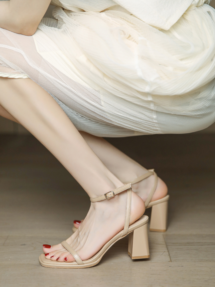 Women's Summer One-Strap Open-Toe High-Heeled Sandals, Chunky Heel, Nude Color, 2025 French Minimalist Style Women's Summer One-Strap Open-Toe High-Heeled Sandals, Chunky Heel, Nude Color, 2025 French Minimalist Style