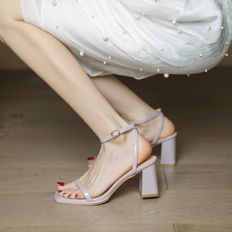 Women's Summer One-Strap Open-Toe High-Heeled Sandals, Chunky Heel, Nude Color, 2025 French Minimalist Style Women's Summer One-Strap Open-Toe High-Heeled Sandals, Chunky Heel, Nude Color, 2025 French Minimalist Style