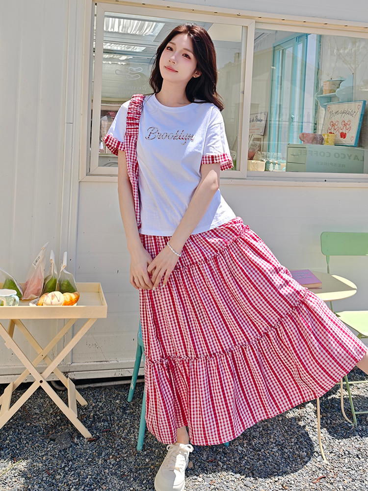 Women's Summer OOTD White Letter Print T-Shirt and Red Plaid Long Skirt Two-Piece Set - Casual 90s Style Outfit