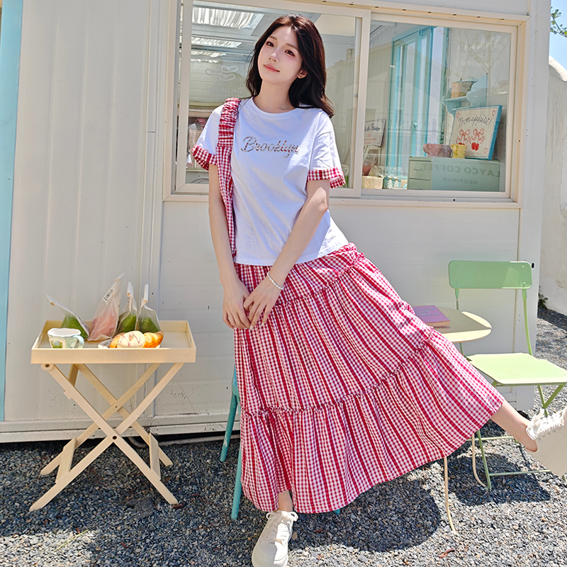 Women's Summer OOTD White Letter Print T-Shirt and Red Plaid Long Skirt Two-Piece Set - Casual 90s Style Outfit