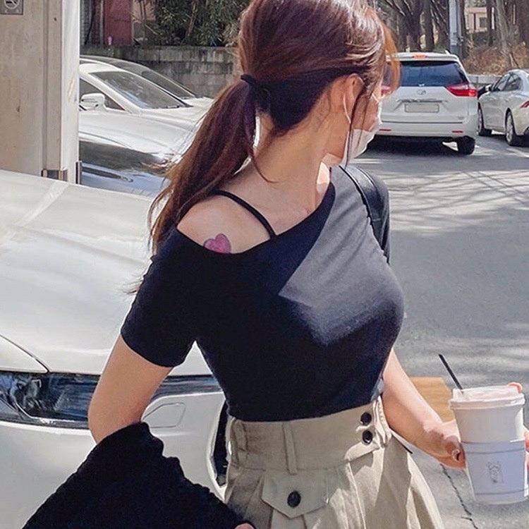 Women's Summer Short Sleeve T-Shirt with Slanted Neckline, Off-Shoulder Style, and Body-Hugging Fit - Korean Fashion Women's Summer Short Sleeve T-Shirt with Slanted Neckline, Off-Shoulder Style, and Body-Hugging Fit - Korean Fashion