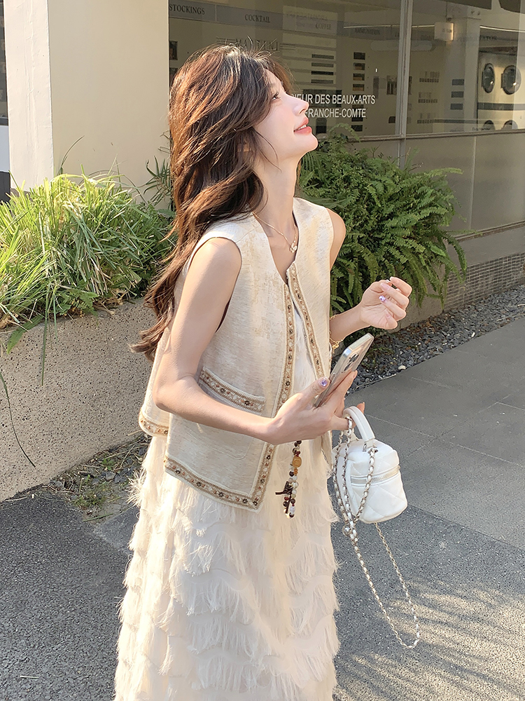 Women's Summer Two-Piece Set: Unique Vest with White Tassel Camisole Dress and Cake Long Skirt - Trendy and Stylish Outfit