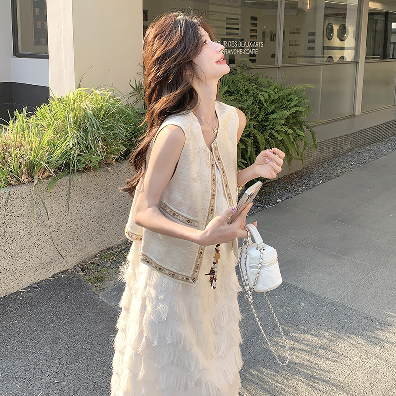 Women's Summer Two-Piece Set: Unique Vest with White Tassel Camisole Dress and Cake Long Skirt - Trendy and Stylish Outfit