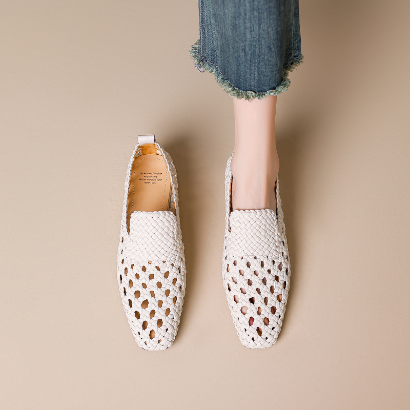 Women's Thick Low Heel Flats - Niche Fashion Mesh Woven Hollow Loafers, Trendy Weaving Shoes for Y2K and Korean Style