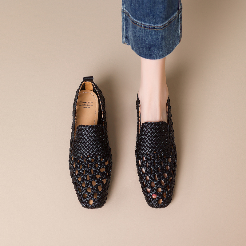 Women's Thick Low Heel Flats - Niche Fashion Mesh Woven Hollow Loafers, Trendy Weaving Shoes for Y2K and Korean Style Women's Thick Low Heel Flats - Niche Fashion Mesh Woven Hollow Loafers, Trendy Weaving Shoes for Y2K and Korean Style