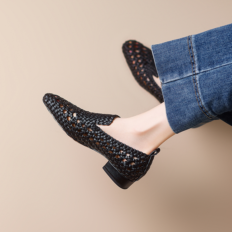 Women's Thick Low Heel Flats - Niche Fashion Mesh Woven Hollow Loafers, Trendy Weaving Shoes for Y2K and Korean Style Women's Thick Low Heel Flats - Niche Fashion Mesh Woven Hollow Loafers, Trendy Weaving Shoes for Y2K and Korean Style