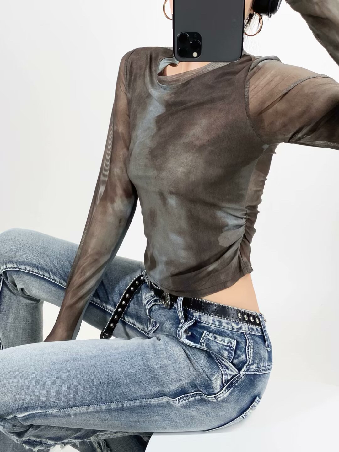 Women's Tie-Dye Mesh Long Sleeve T-Shirt - Sheer Slim Fit Streetwear Top for Hot Girls, Perfect for 90s & Y2K Fashion Women's Tie-Dye Mesh Long Sleeve T-Shirt - Sheer Slim Fit Streetwear Top for Hot Girls, Perfect for 90s & Y2K Fashion