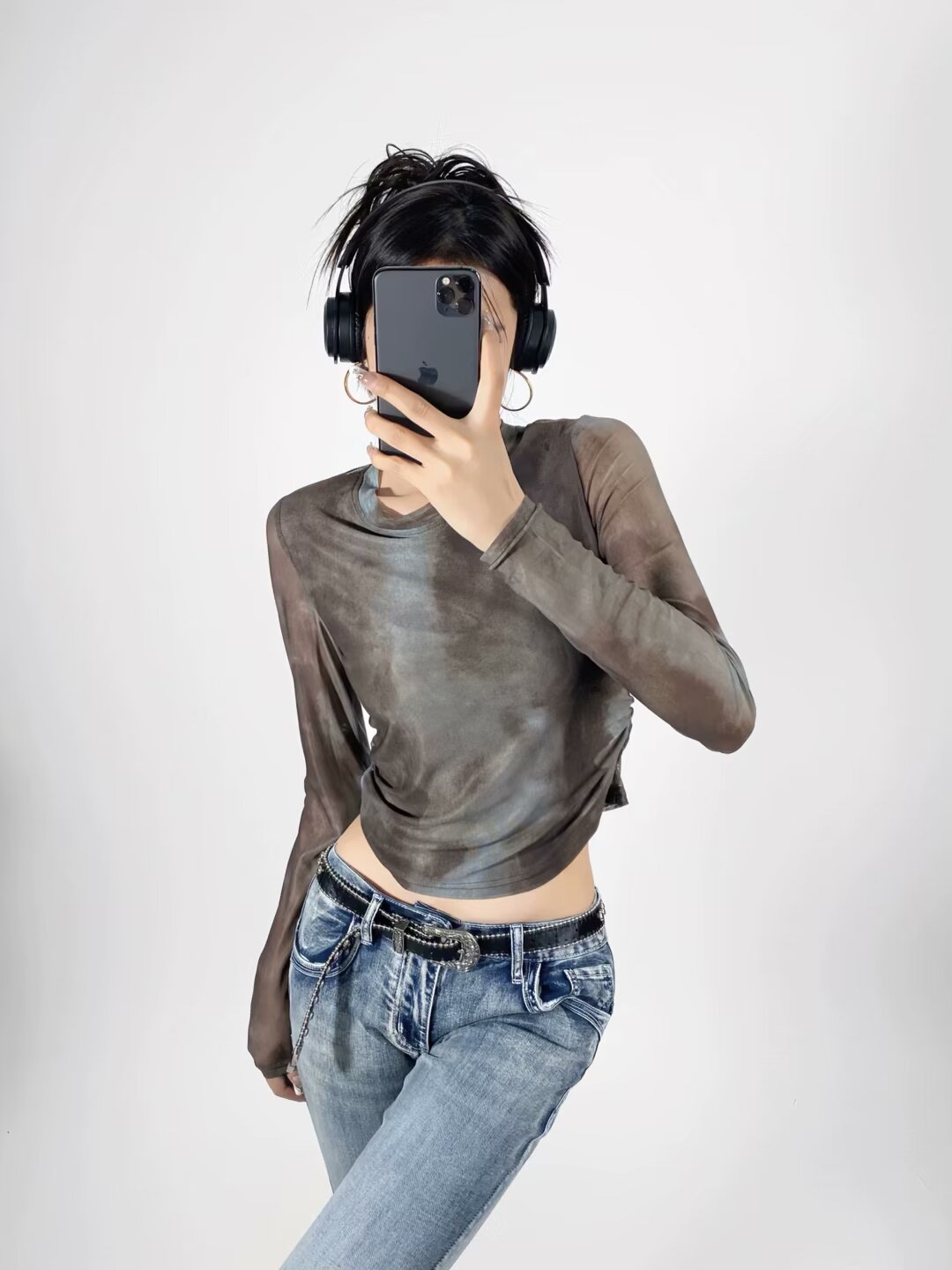 Women's Tie-Dye Mesh Long Sleeve T-Shirt - Sheer Slim Fit Streetwear Top for Hot Girls, Perfect for 90s & Y2K Fashion Women's Tie-Dye Mesh Long Sleeve T-Shirt - Sheer Slim Fit Streetwear Top for Hot Girls, Perfect for 90s & Y2K Fashion